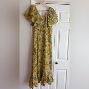 MILLE Resort & Travel Juliet Yellow Blue Floral Ruffle Maxi Summer Cotton Dress